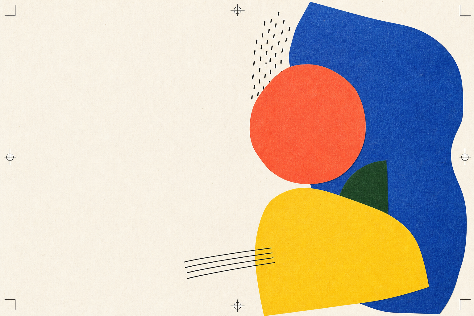 Abstract paper collage in cobalt, coral, yellow, and green.