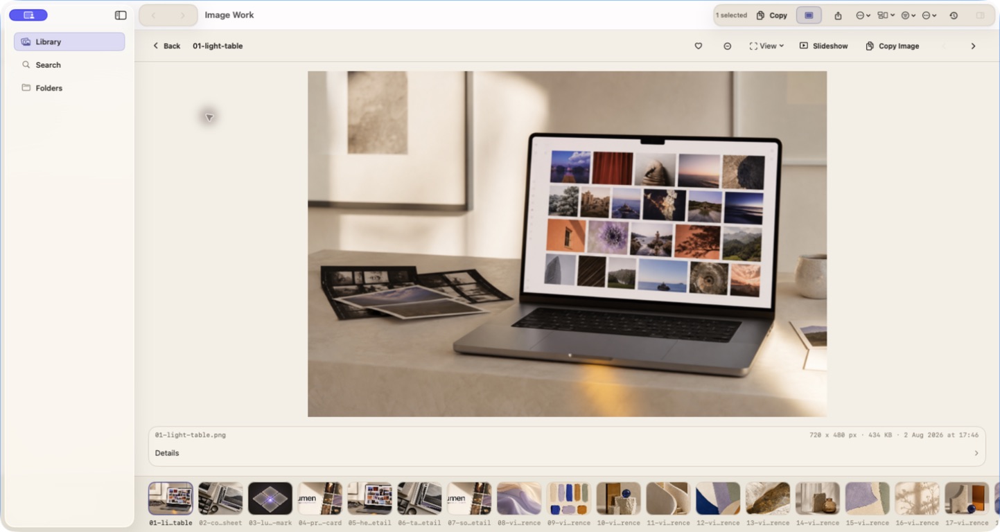Lumen Focus view showing one image, curation controls, metadata, and a filmstrip of the current folder