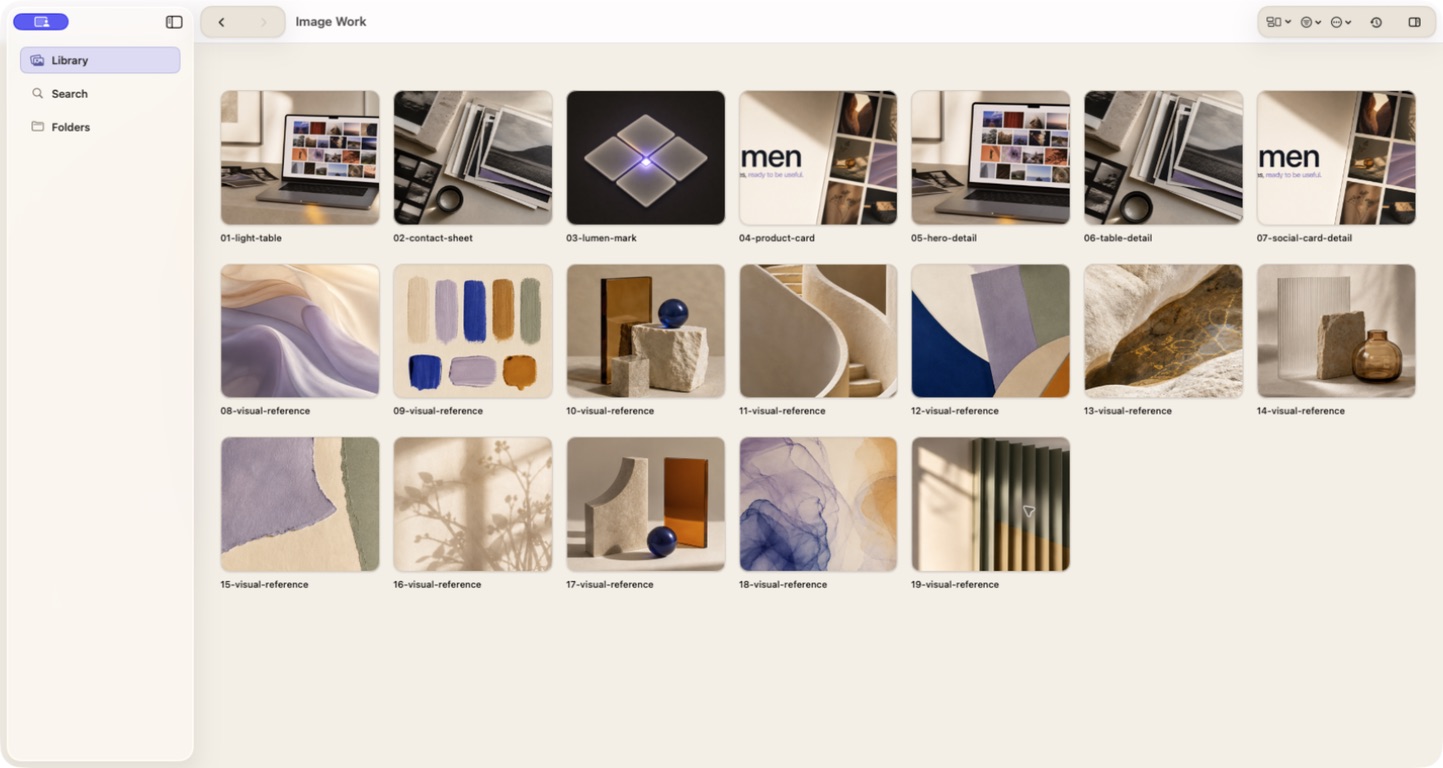Lumen showing a real folder as an image wall with a sidebar, toolbar, and image thumbnails